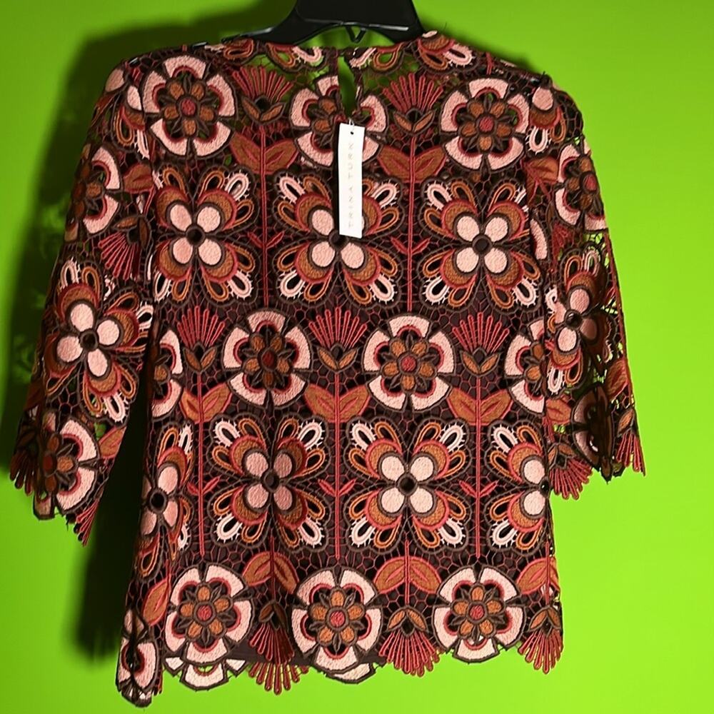 Trina Turk Colter Woven Geo Pattern Print 3/4 Sleeve Scalloped Lace Top XS - Picture 5 of 6